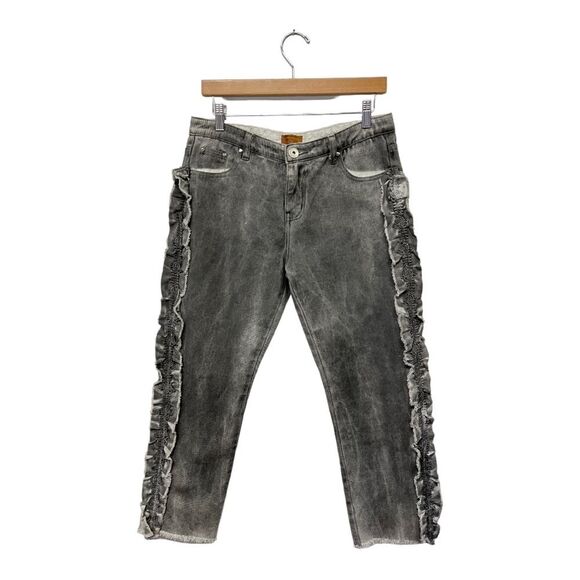 POL | Anthropologie Jeans Pol Ruffle Side Crochet Trim Mid Rise Cropped Gray M - Picture 4 of 12